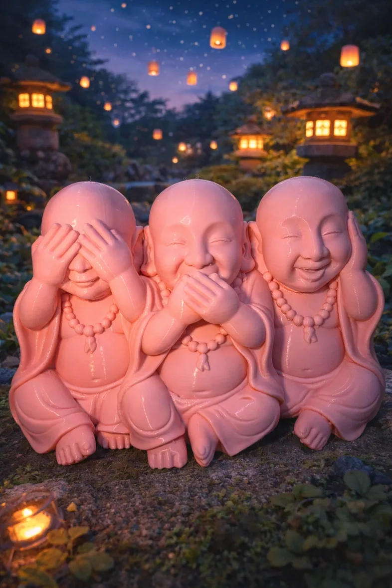 Three Pink Laughing Buddha Figurines - See, Speak, Hear No Evil