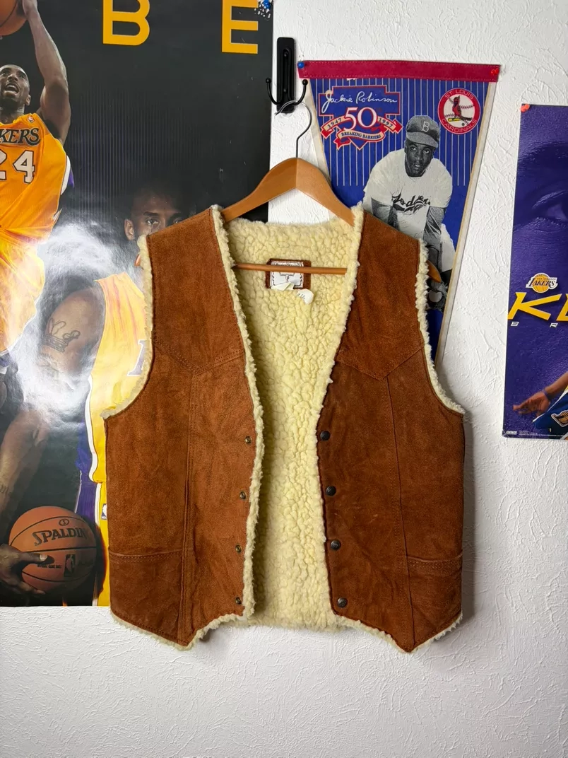 Vintage Suede Sherpa Lined Vest - Brown