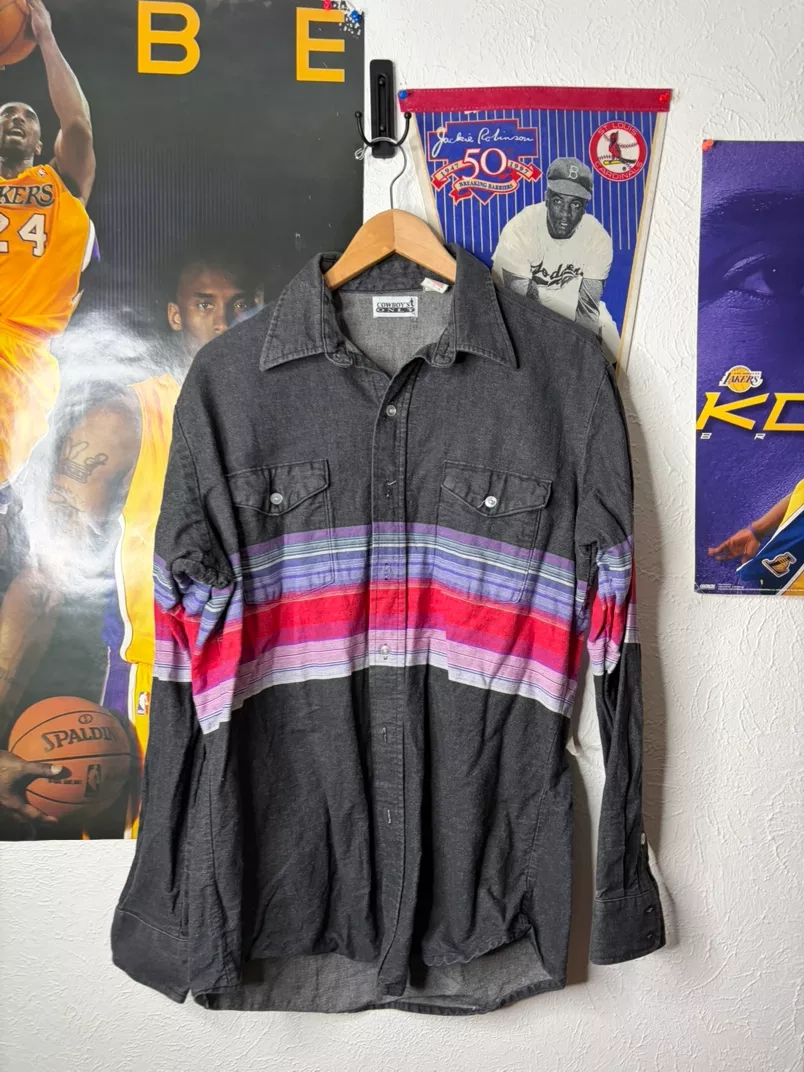 Vintage Cowboy Western Striped Denim Shirt