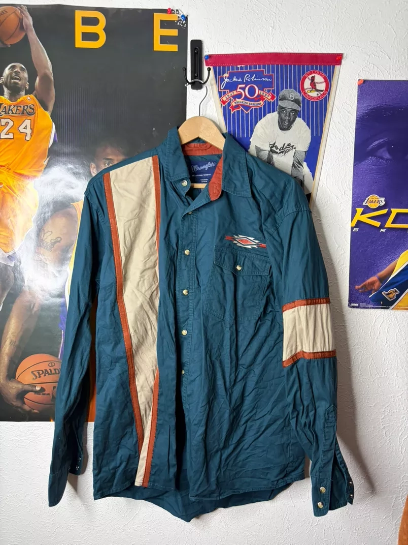 Wrangler Men's Teal & Tan Western Long Sleeve Shirt