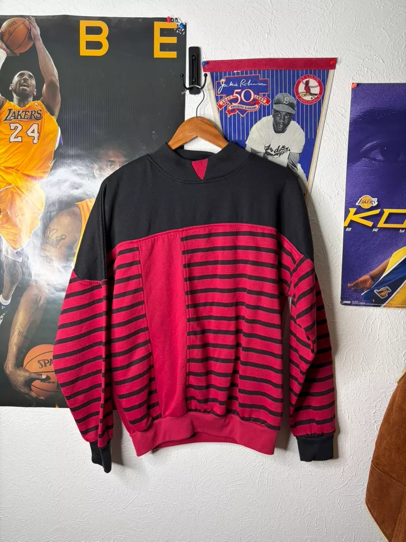 Vintage Red and Black Striped Mock Neck Sweatshirt