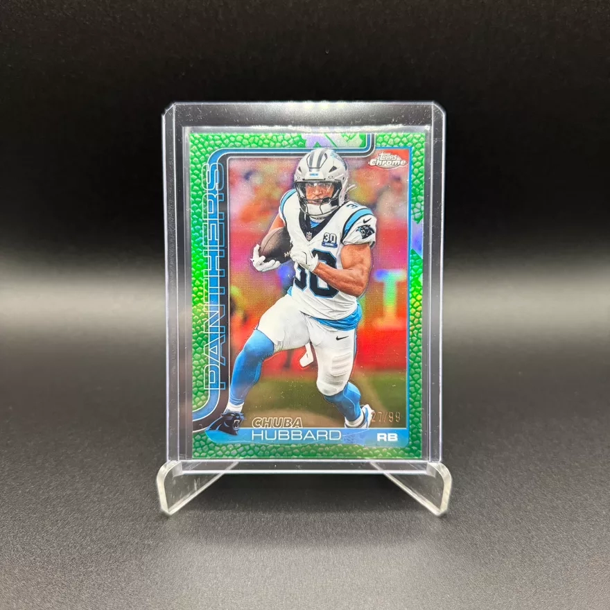 2025 Topps Chrome NFL Chuba Hubbard /99 Green Leather Refractor Football Card
