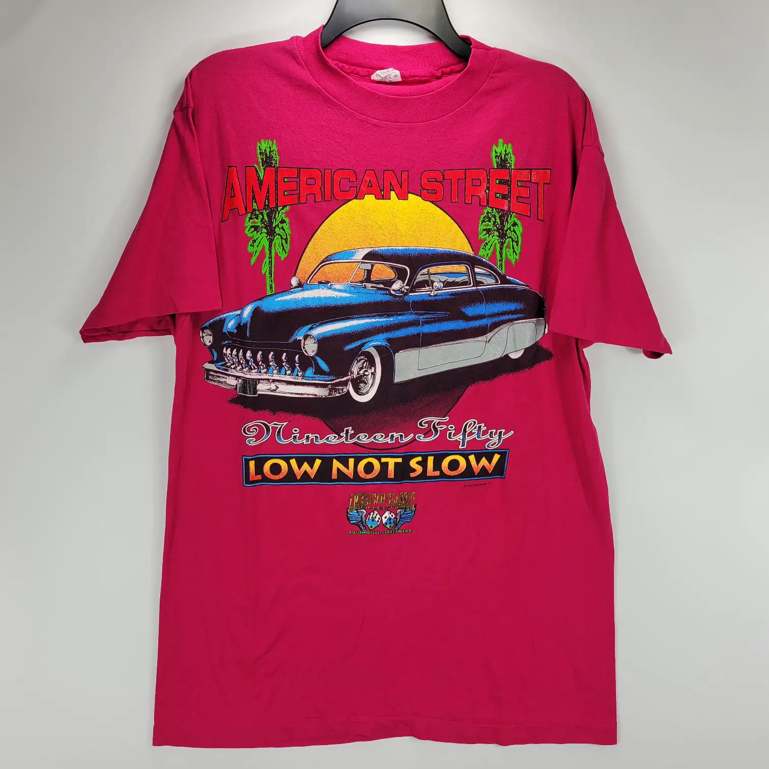 Mens XL American Street Low Not Slow Vintage Car Graphic T-Shirt Pink