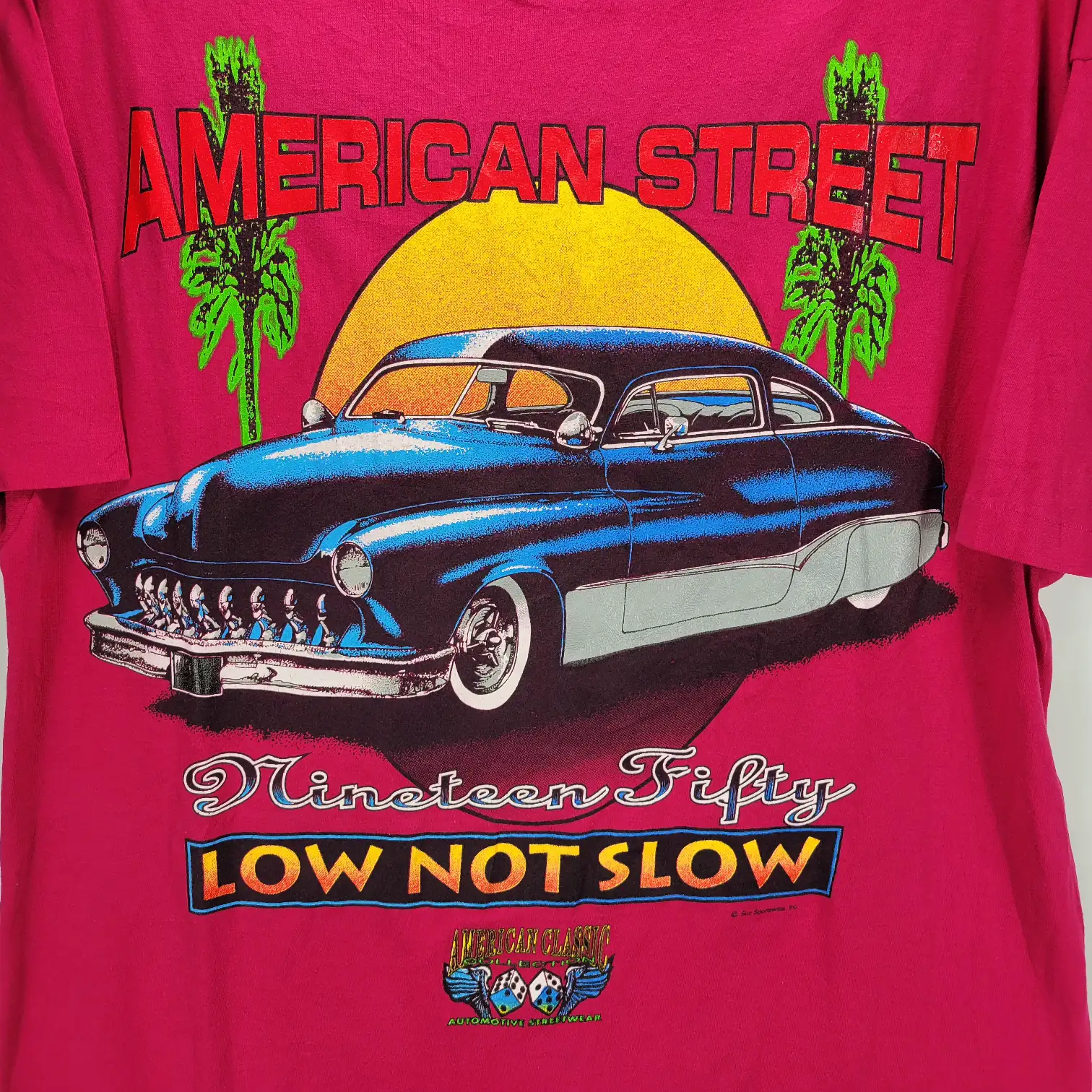 Mens XL American Street Low Not Slow Vintage Car Graphic T-Shirt Pink
