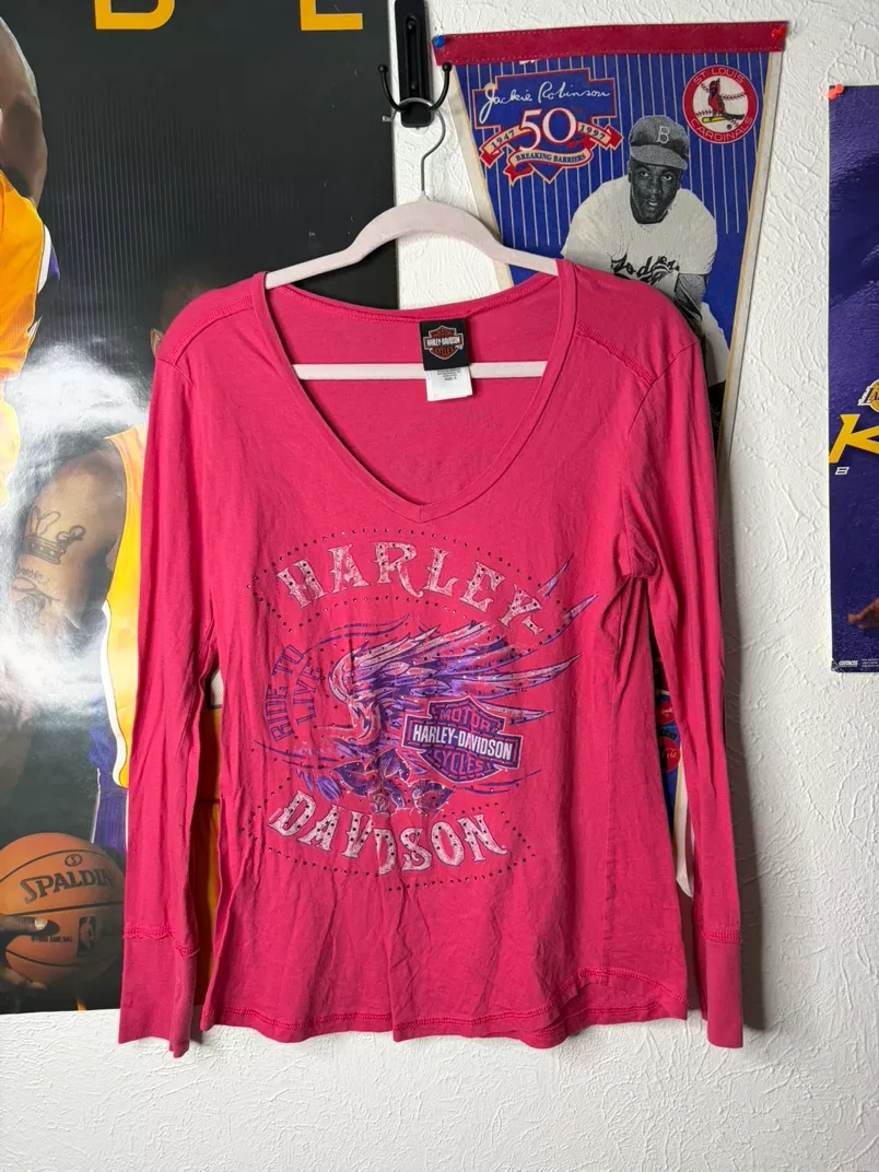 Harley-Davidson Women's Pink Graphic Long Sleeve V-Neck Tee