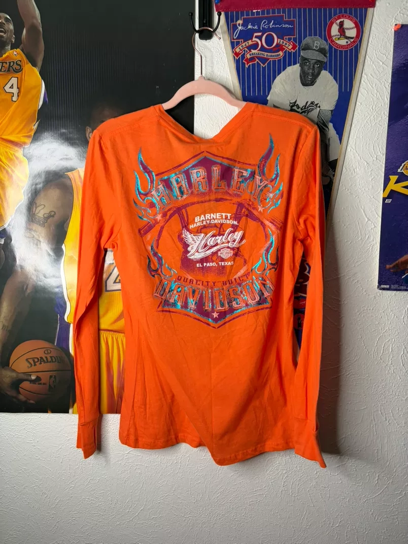 NWT Harley-Davidson "Genuine Quality Built Cycles" Orange Long Sleeve V-Neck Tee