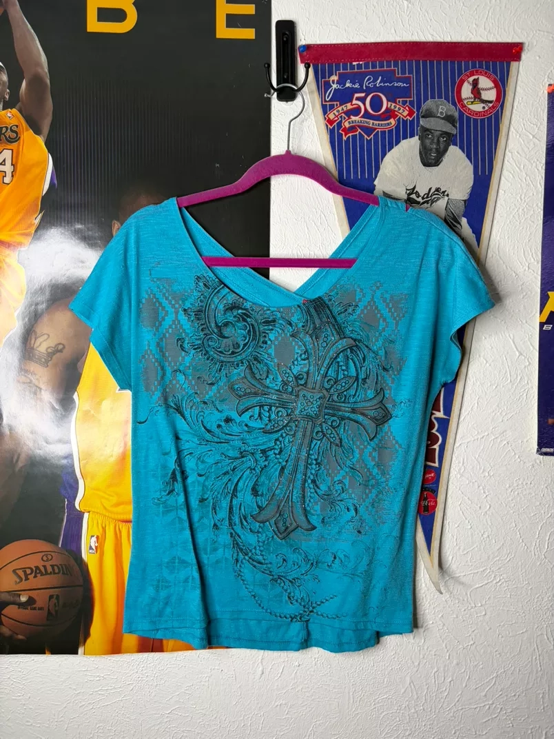 Turquoise Graphic Cross V-Neck T-Shirt