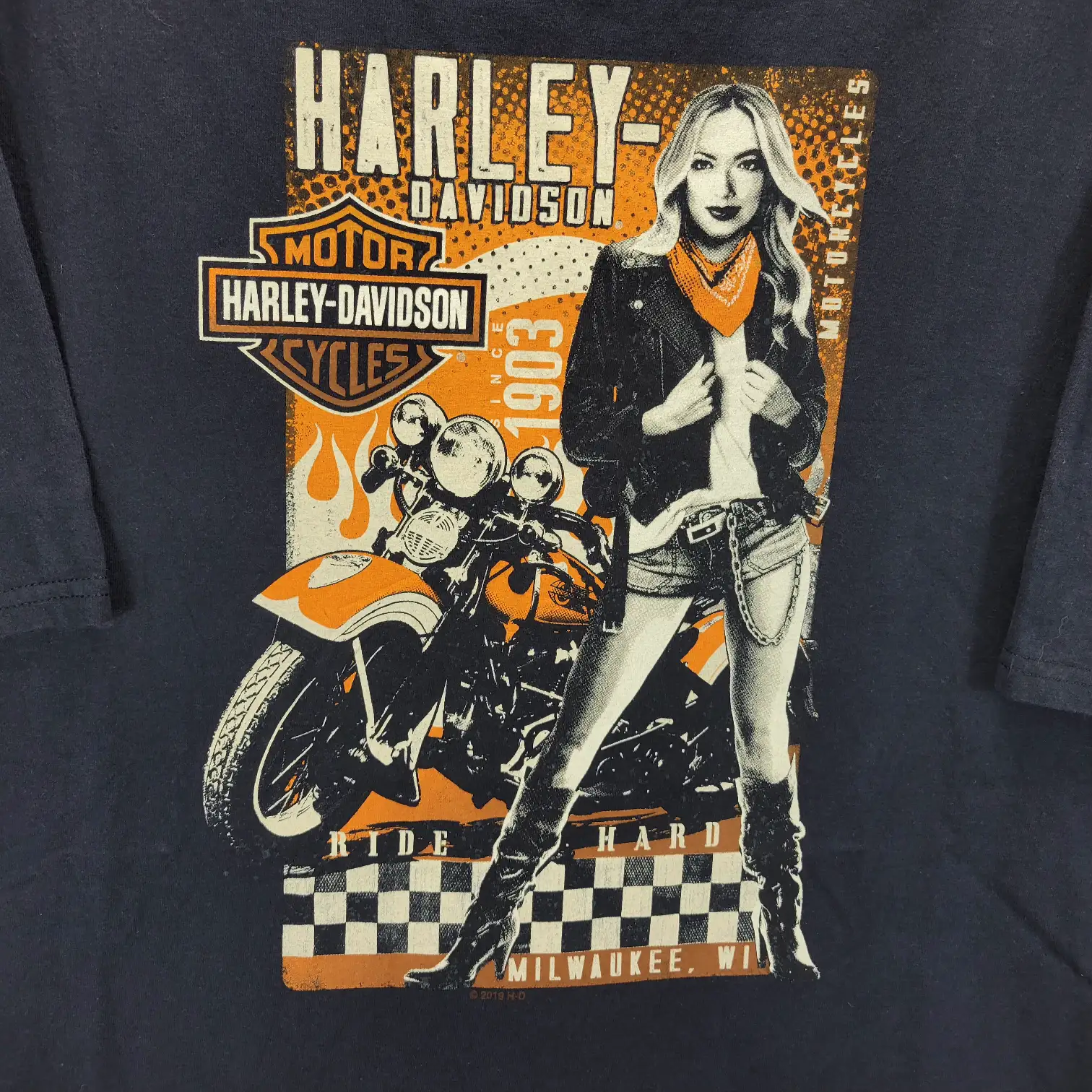 Mens 2XL Harley-Davidson "Ride Hard" Biker Chic Graphic T-Shirt Blue
