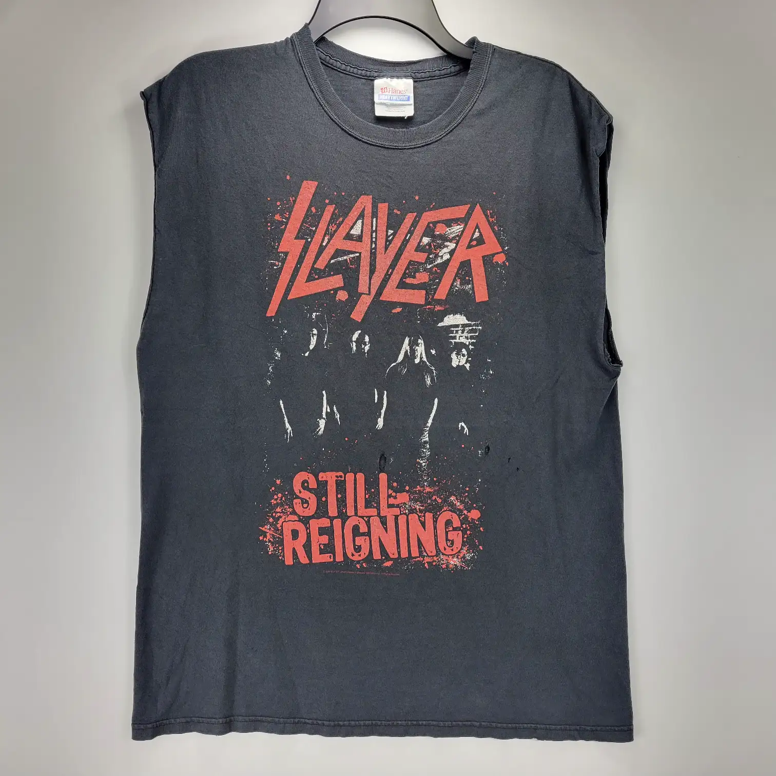 Mens Large Slayer Still Reigning Vintage Y2K Thrashed Cutoff Band T-Shirt