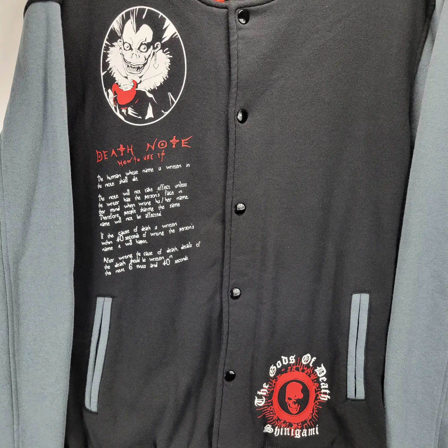 Mens Medium Death Note Anime Bomber Varsity Jacket Black Gray