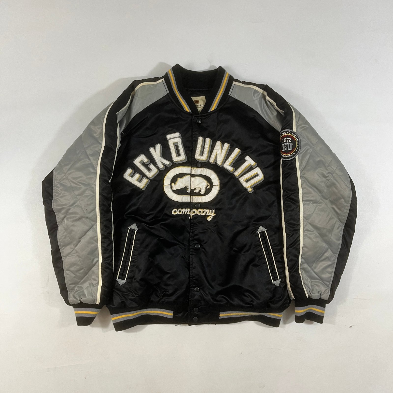 Vintage Y2K Ecko Unltd Black & Silver Satin Bomber Varsity Jacket XL