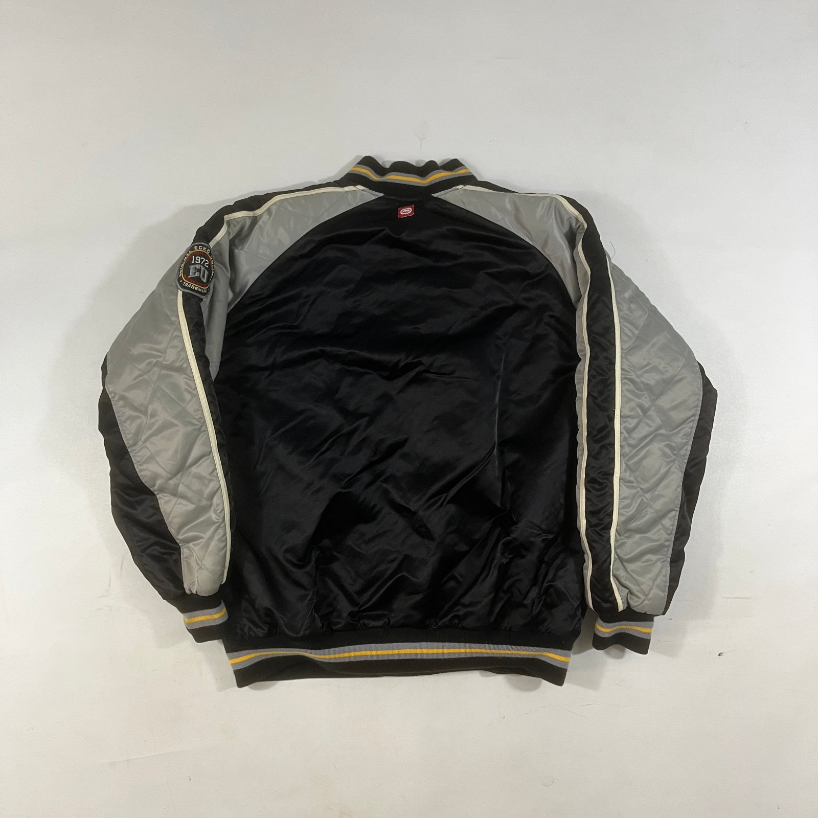 Vintage Y2K Ecko Unltd Black & Silver Satin Bomber Varsity Jacket XL