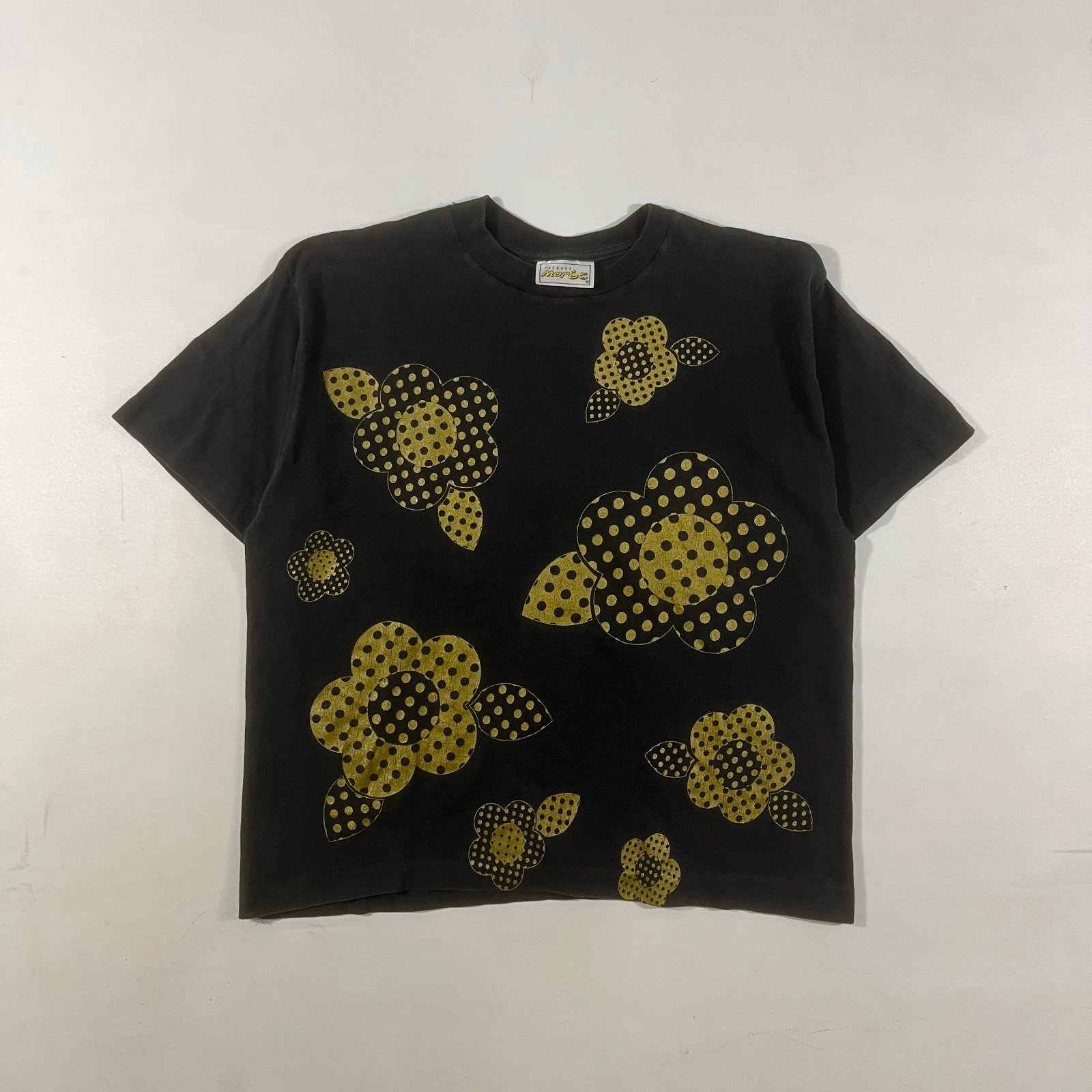 Vintage 90s Jacques Moret Black Metallic Gold Floral Polka Dot Allover Print Tee