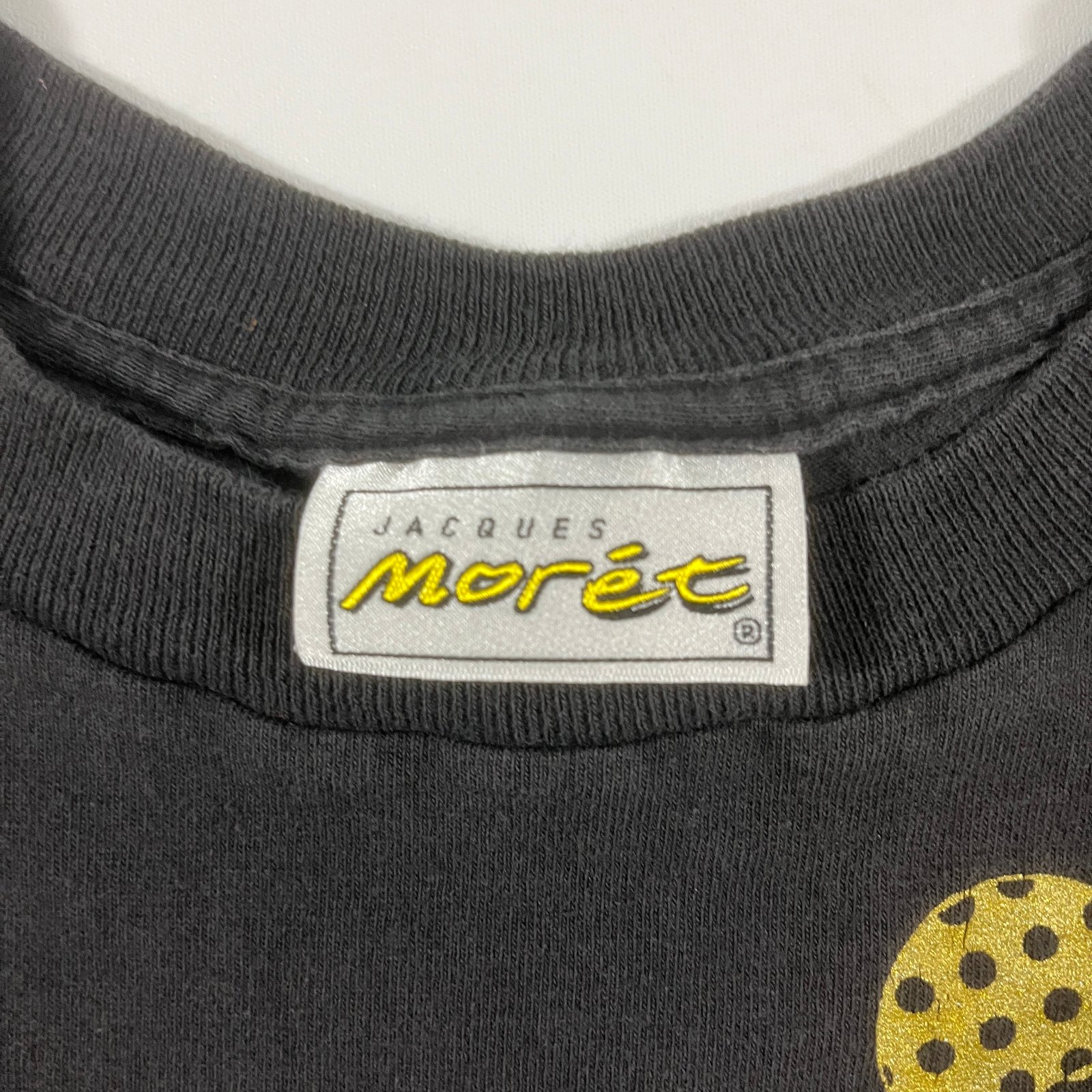 Vintage 90s Jacques Moret Black Metallic Gold Floral Polka Dot Allover Print Tee