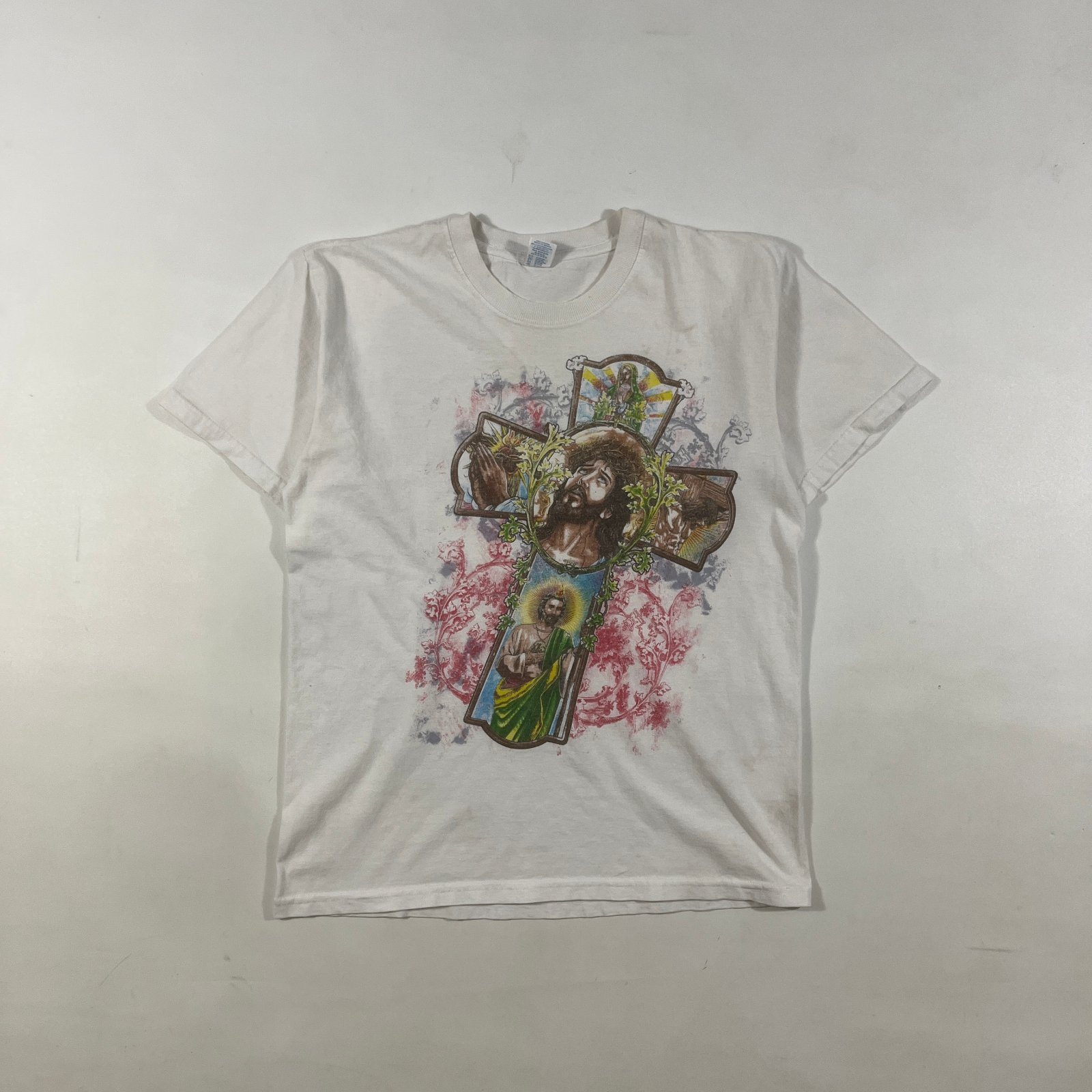 Y2K Jesus Cross Virgin Mary San Judas Religious Graphic Tee M