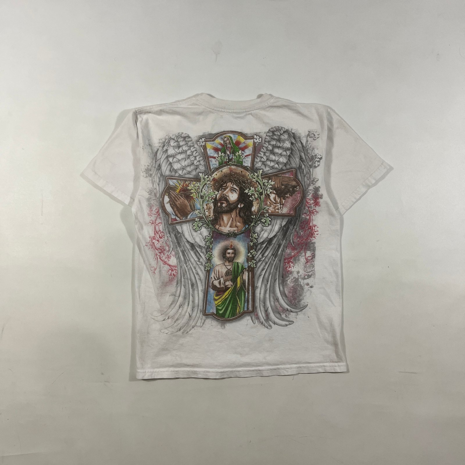 Y2K Jesus Cross Virgin Mary San Judas Religious Graphic Tee M