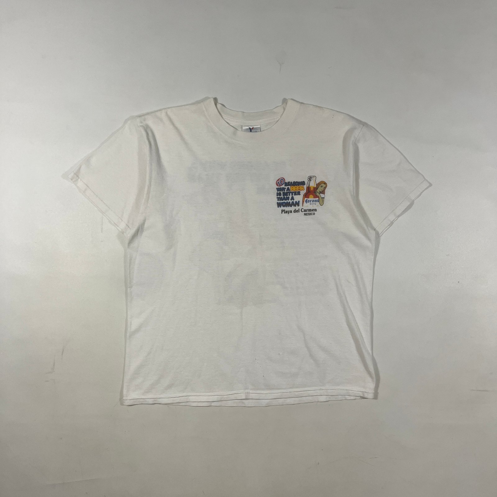 Vintage Y2K Corona Extra "10 Reasons Beer Better Than Woman" Playa del Carmen Mexico Pin-Up Tee L