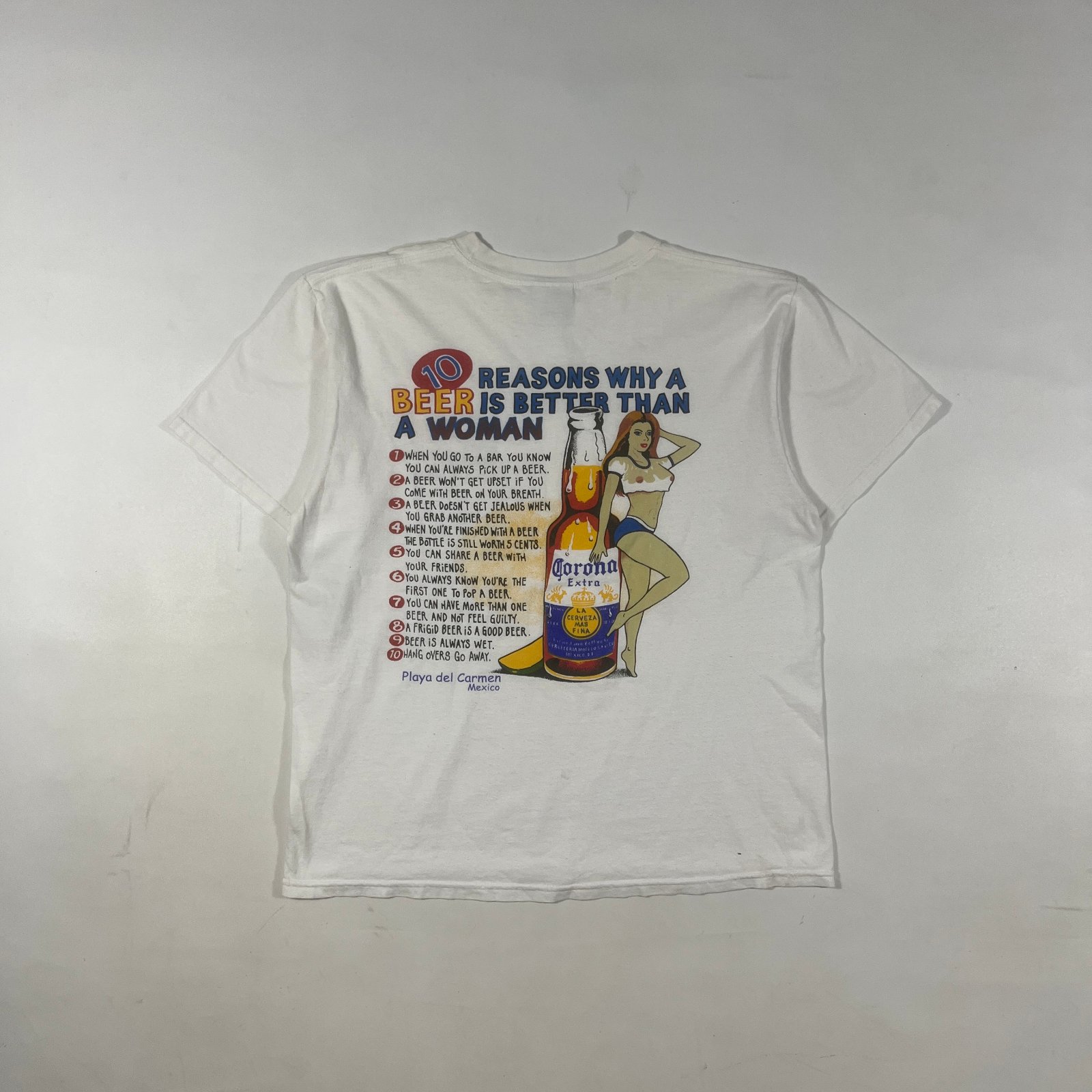 Vintage Y2K Corona Extra "10 Reasons Beer Better Than Woman" Playa del Carmen Mexico Pin-Up Tee L