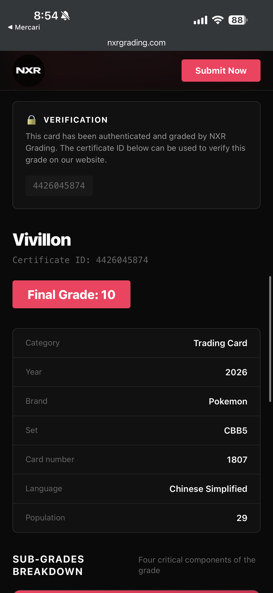 Vivillon GEM MINT 10 NXR Pokemon Card POP 29
