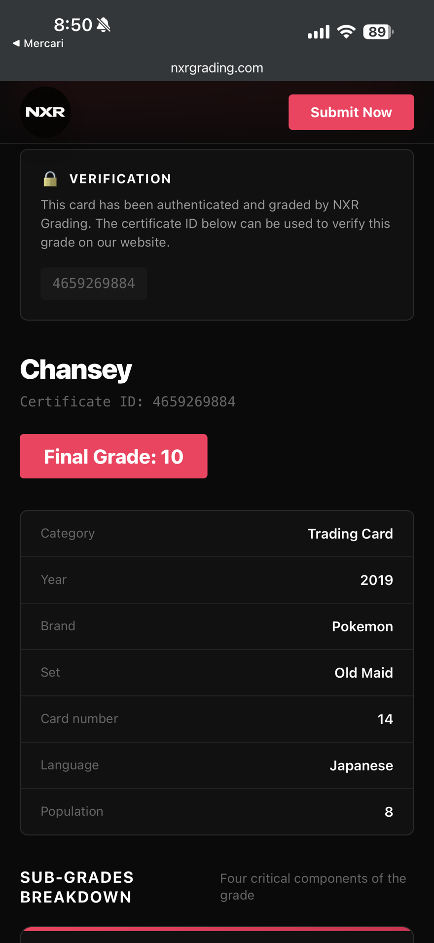 NXR Gem Mint 10 Chansey Trading Card POP8