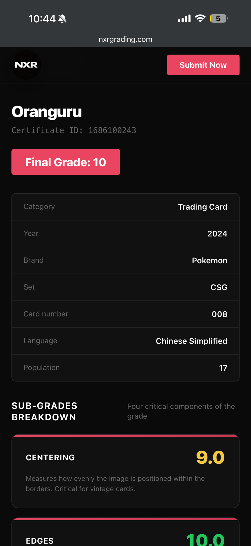 Oranguru GEM MINT 10 CS 008 Pokemon Trading Card
