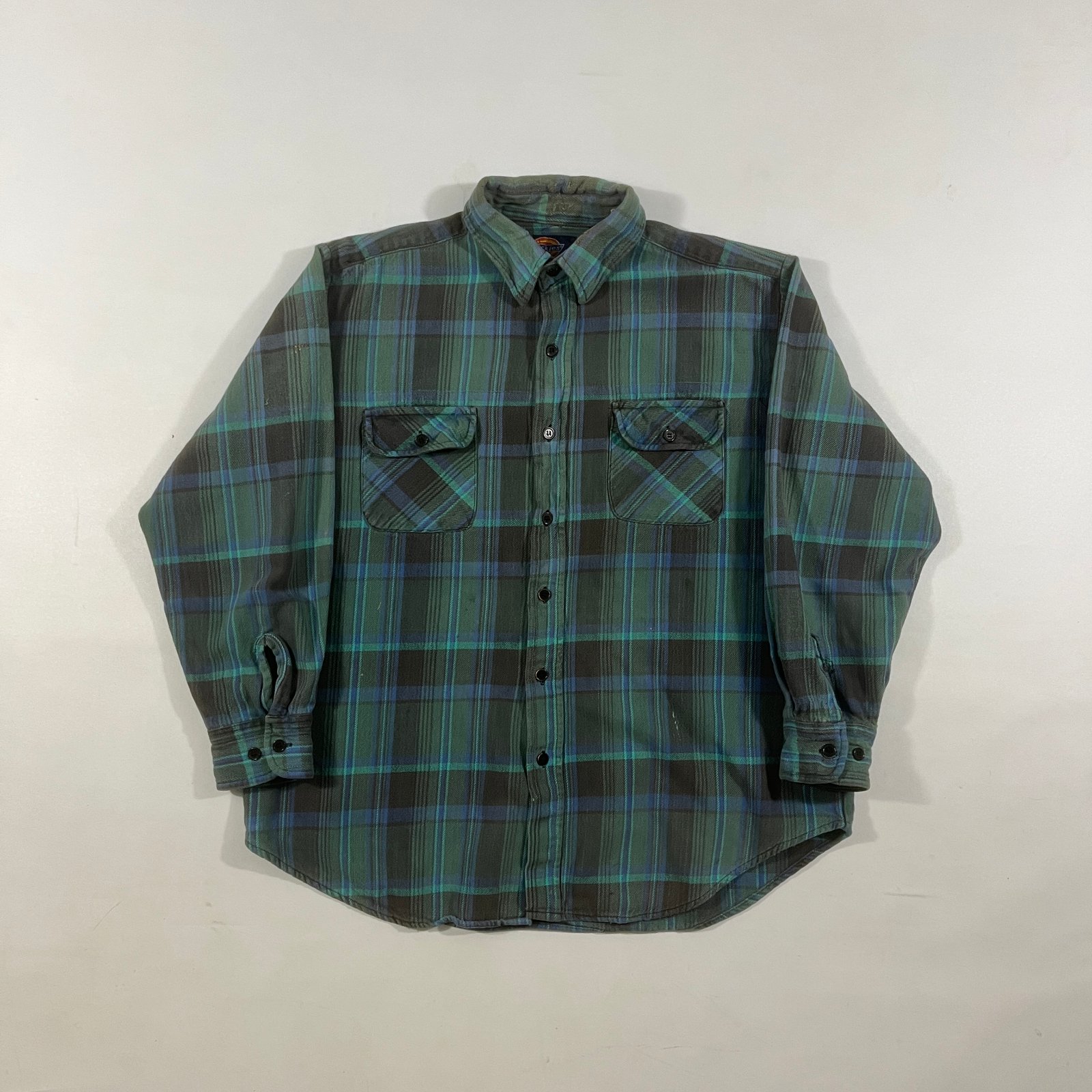 Vintage 90s Dickies Black Watch Plaid Heavyweight Cotton Flannel Shirt XL