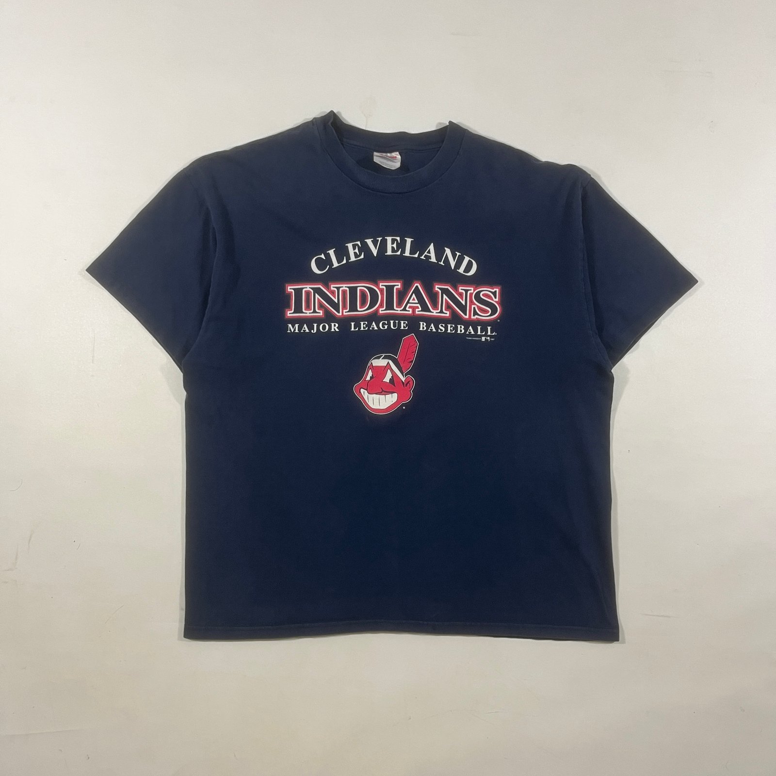 Vintage 1997 Cleveland Indians Chief Wahoo Hanes Heavyweight Navy MLB Tee XXL