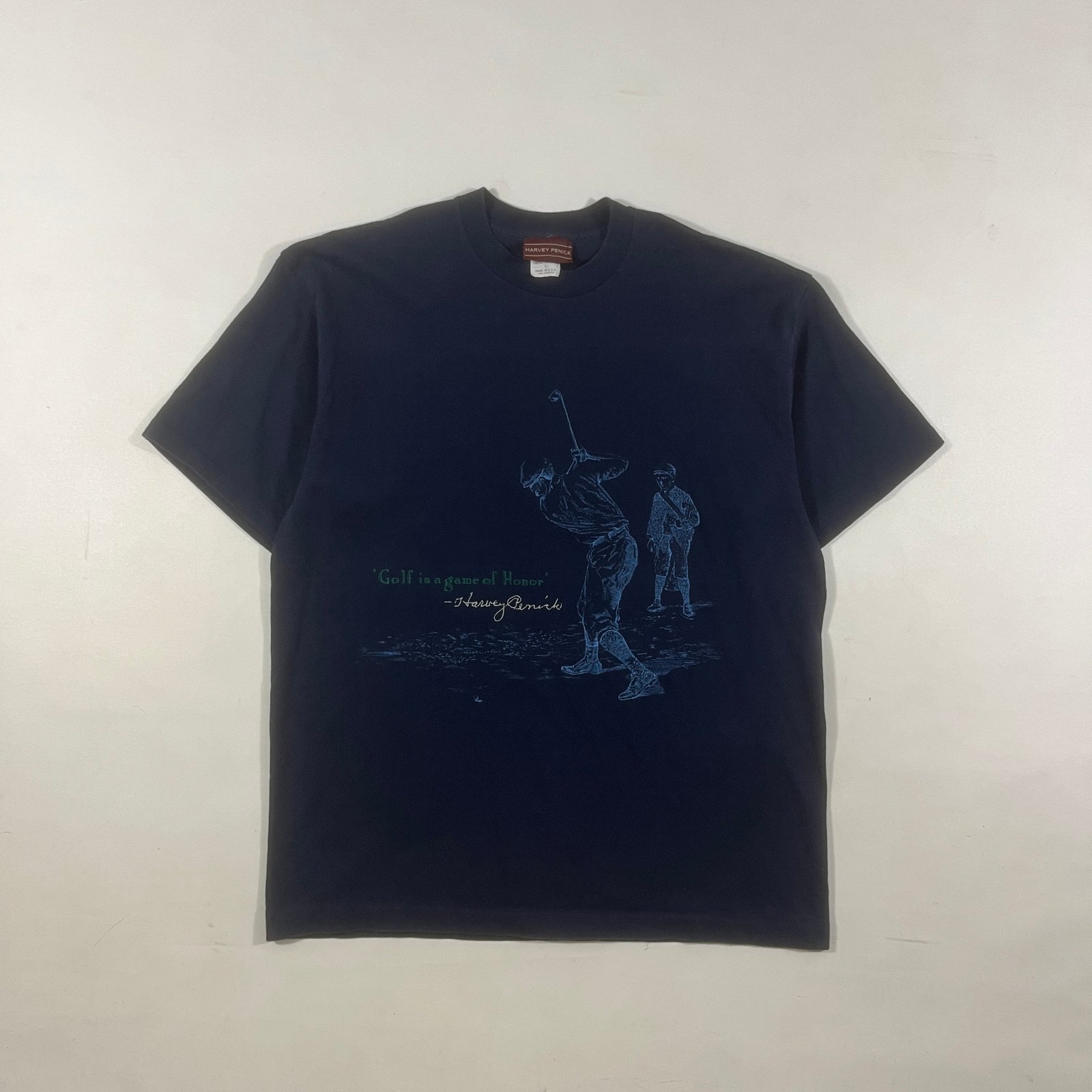 Vintage 90s Harvey Penick "Golf is a Game of Honor" Navy Graphic Tee L