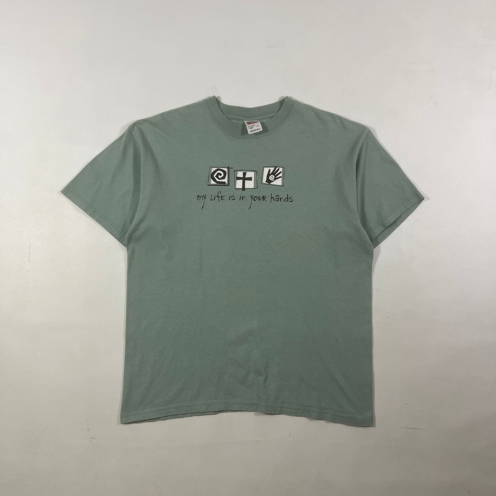 Vintage Y2K Anvil Sage Green "My Life Is In Your Hands" Christian Graphic Tee L