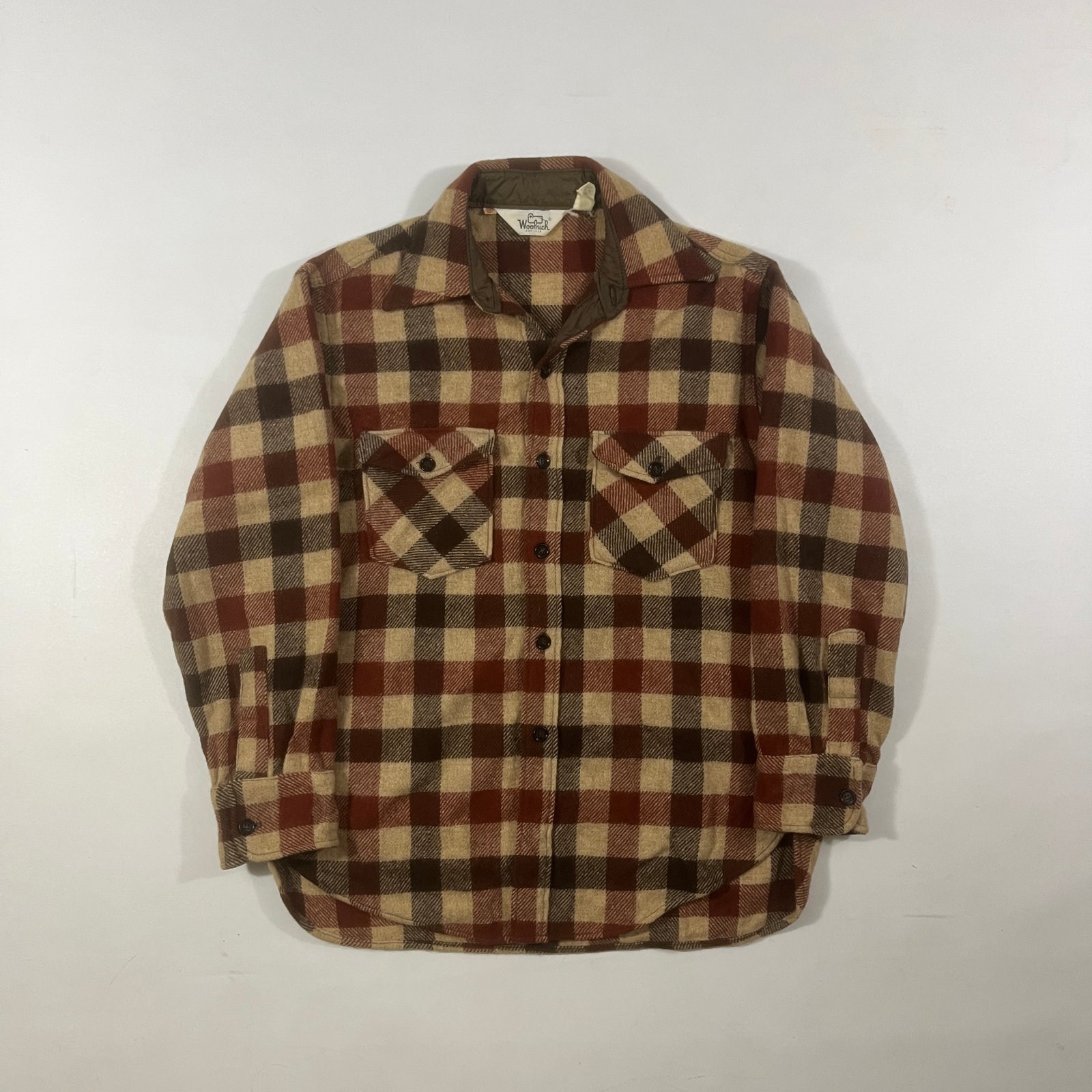 Vintage 80s Woolrich Brown Tan Buffalo Check Wool Flannel Shirt Jacket M