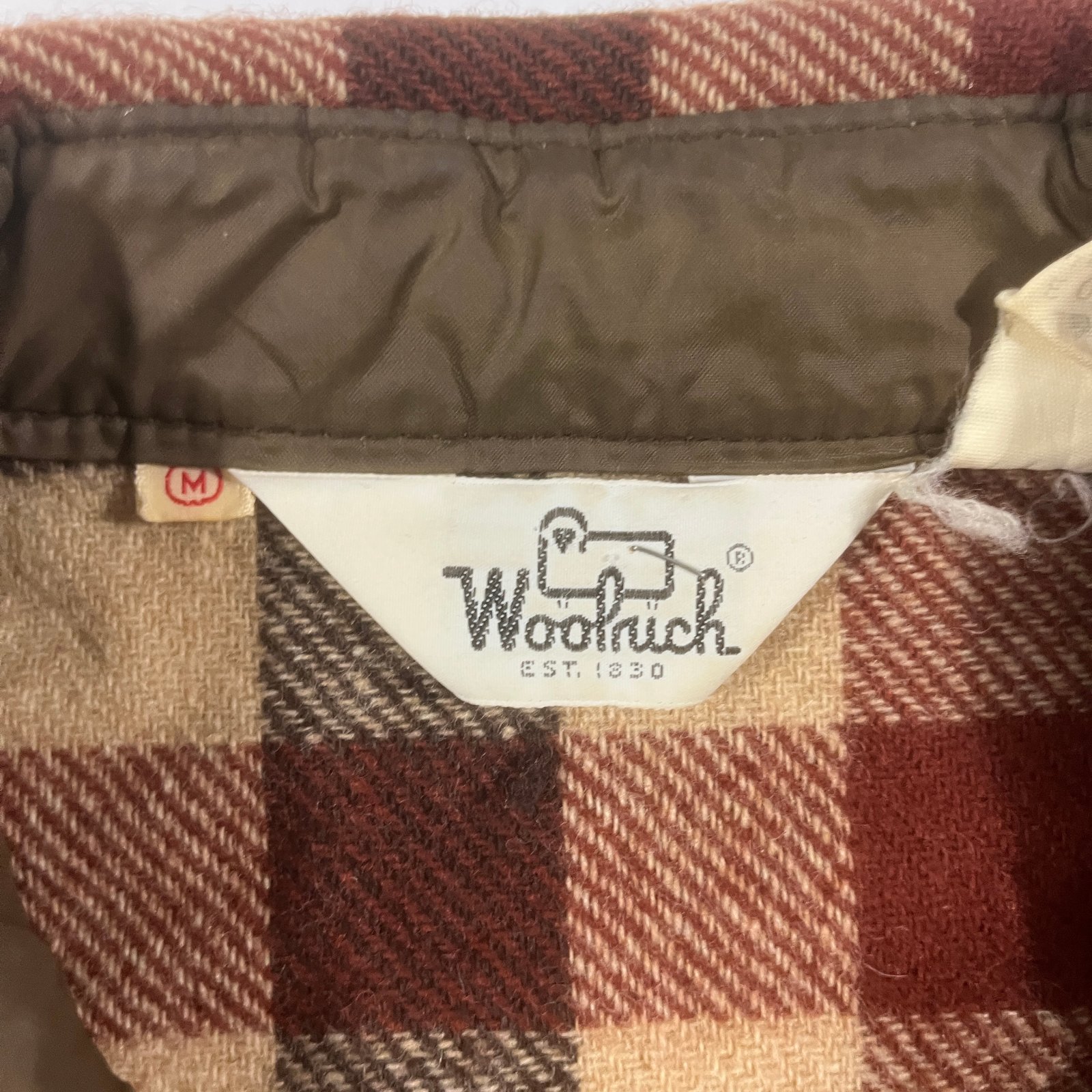 Vintage 80s Woolrich Brown Tan Buffalo Check Wool Flannel Shirt Jacket M
