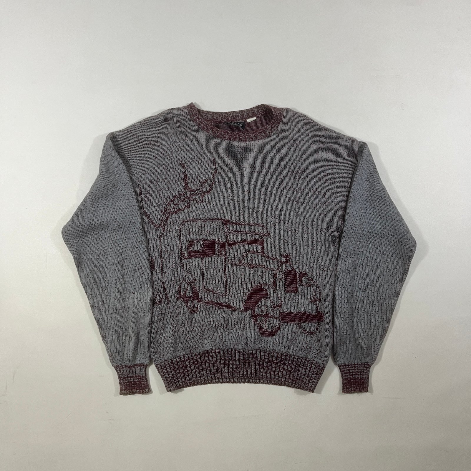 Vintage 90s Woolrich Gray Burgundy Vintage Car Graphic Knit Crewneck Sweater