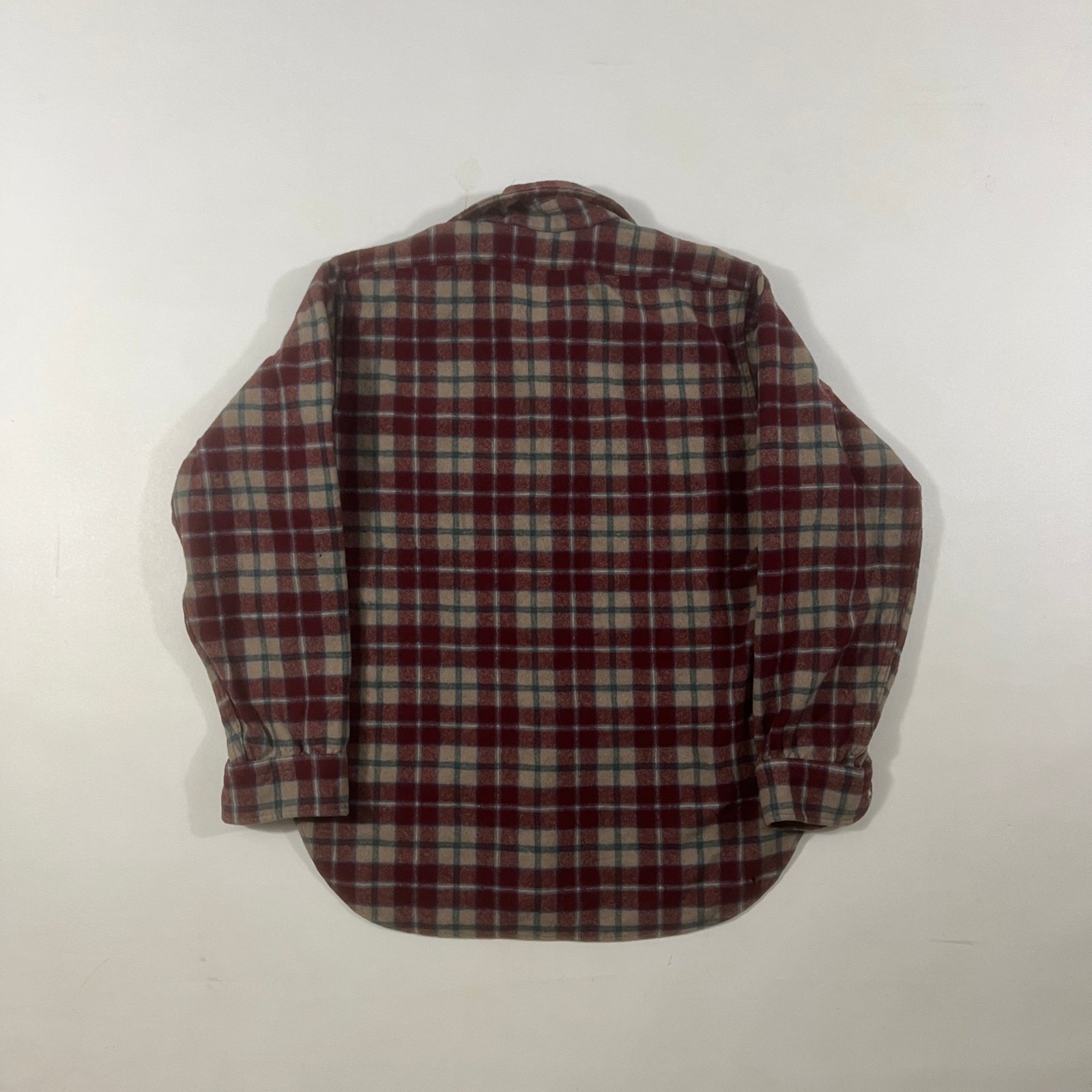 Vintage Pendleton Burgundy Tan Plaid Virgin Wool Board Shirt M