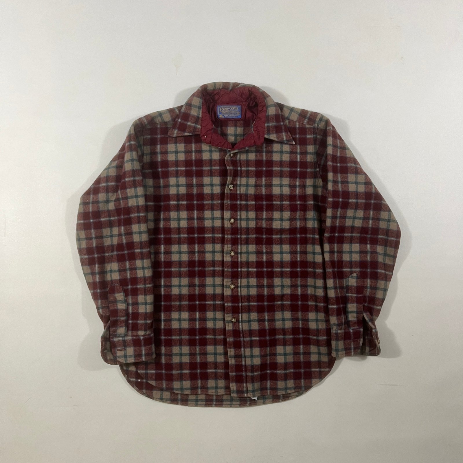 Vintage Pendleton Burgundy Tan Plaid Virgin Wool Board Shirt M