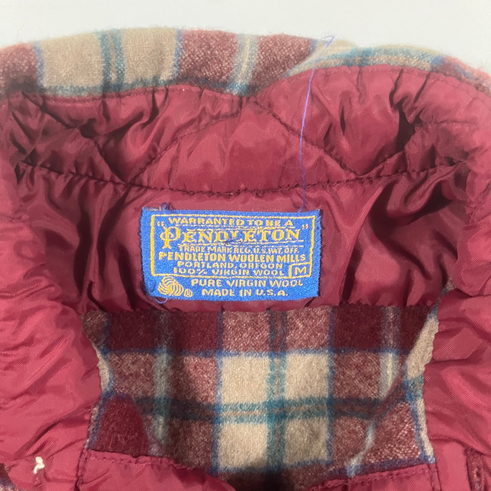 Vintage Pendleton Burgundy Tan Plaid Virgin Wool Board Shirt M