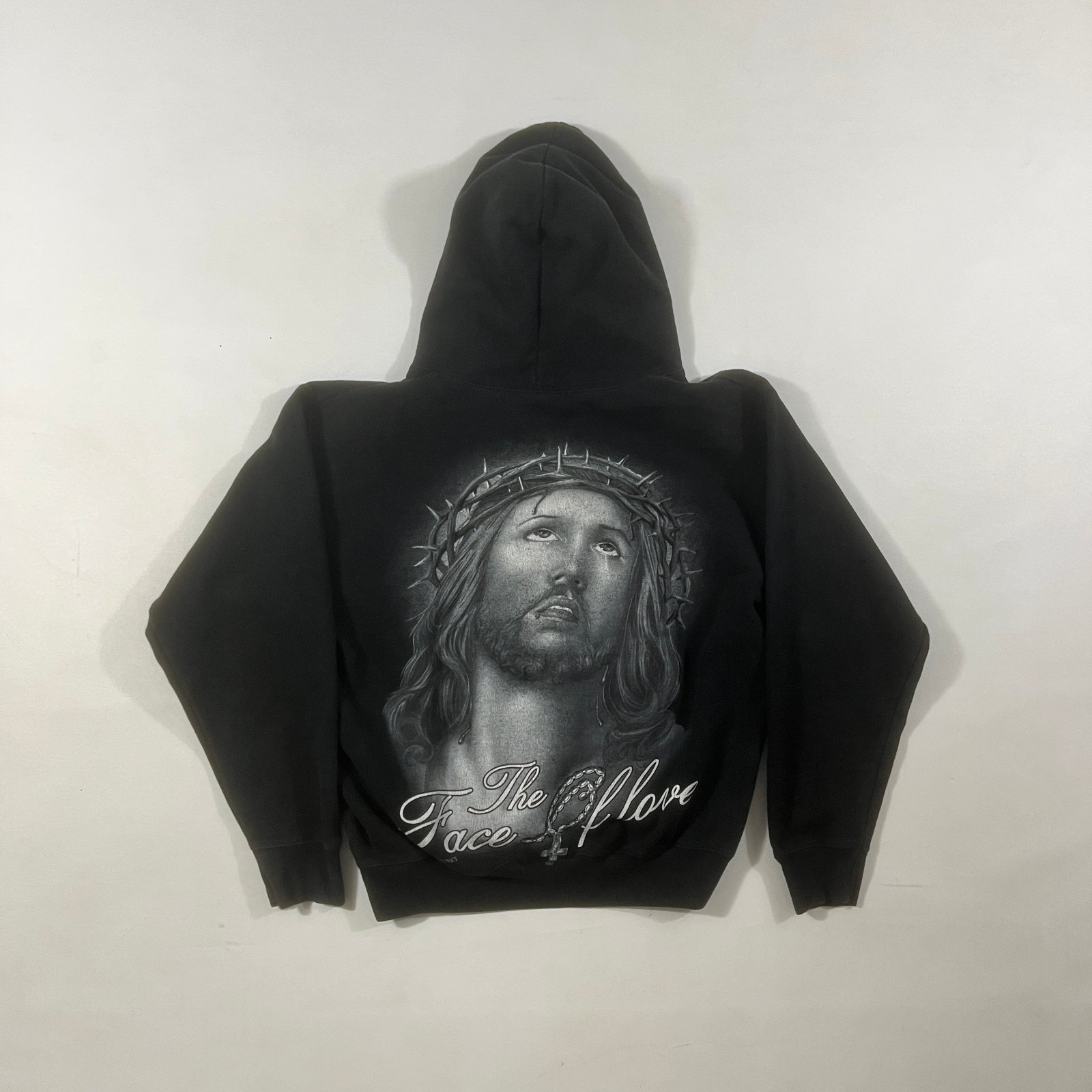 Y2K Style "The Face of Love" Jesus Praying Hands Graphic Hoodie Black M