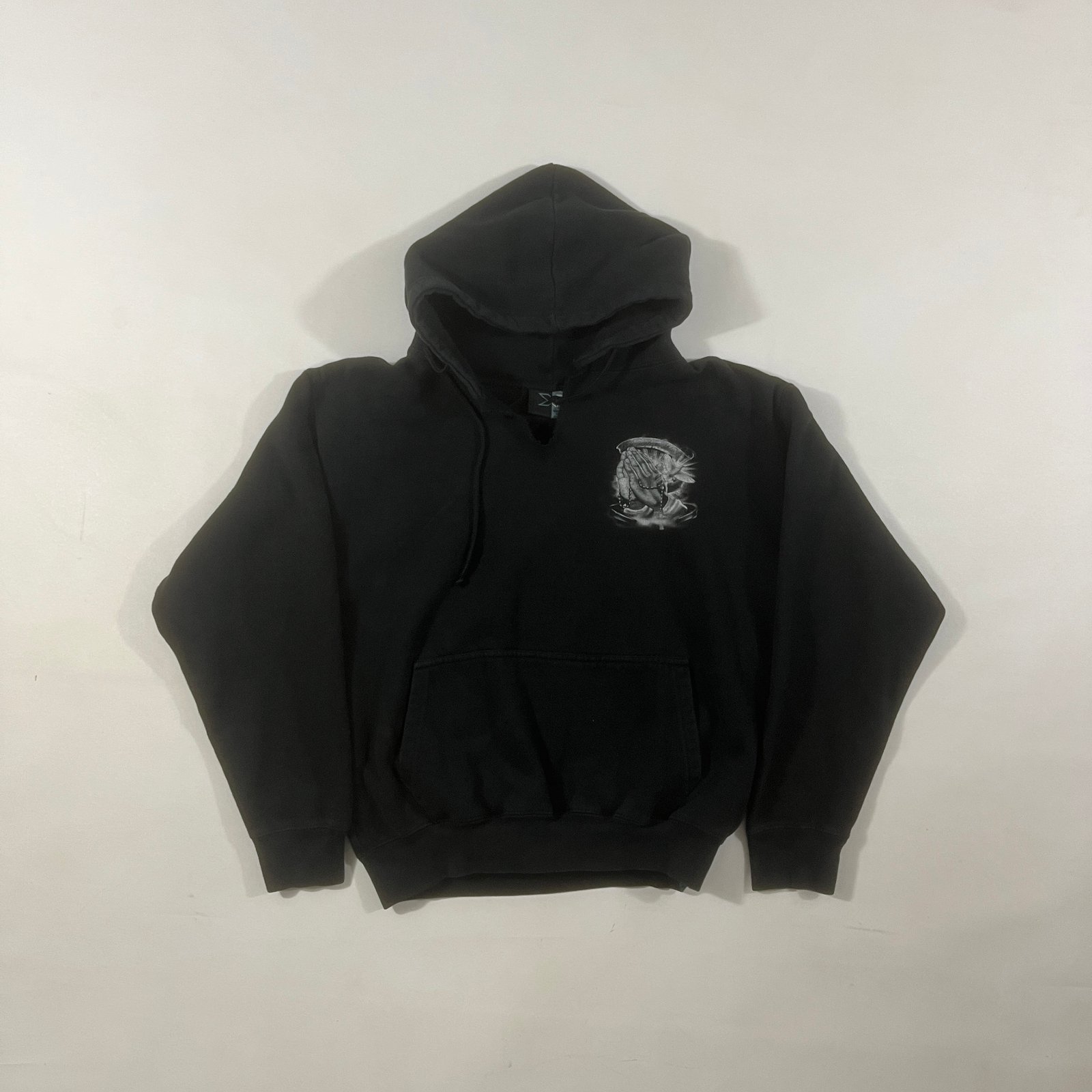 Y2K Style "The Face of Love" Jesus Praying Hands Graphic Hoodie Black M