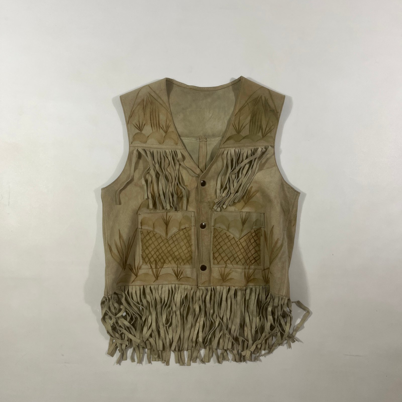 Vintage 70s Hand-Tooled Tan Suede Fringe Vest Rooster Western Boho