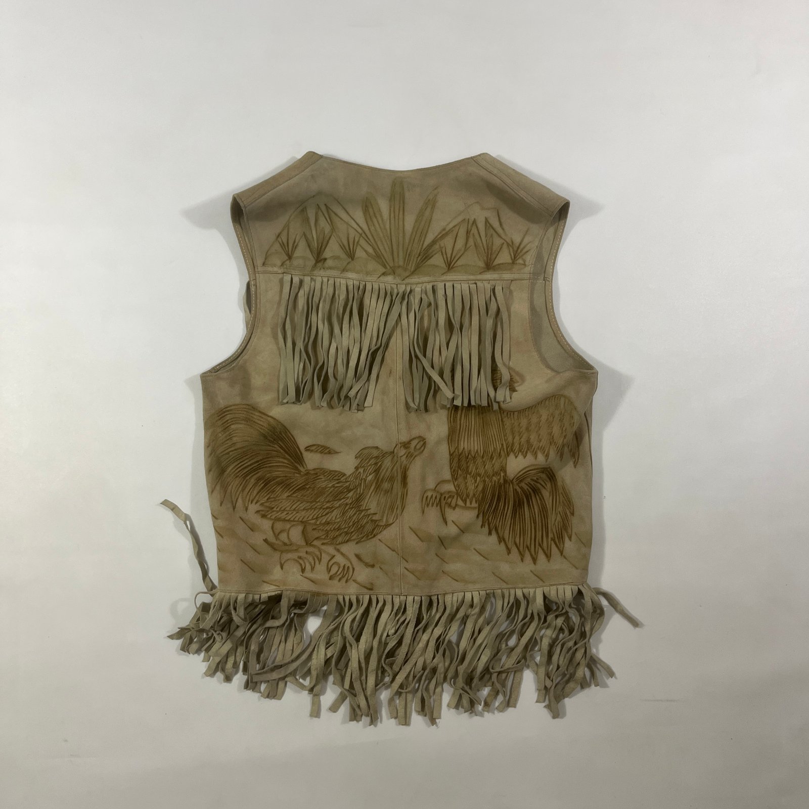 Vintage 70s Hand-Tooled Tan Suede Fringe Vest Rooster Western Boho