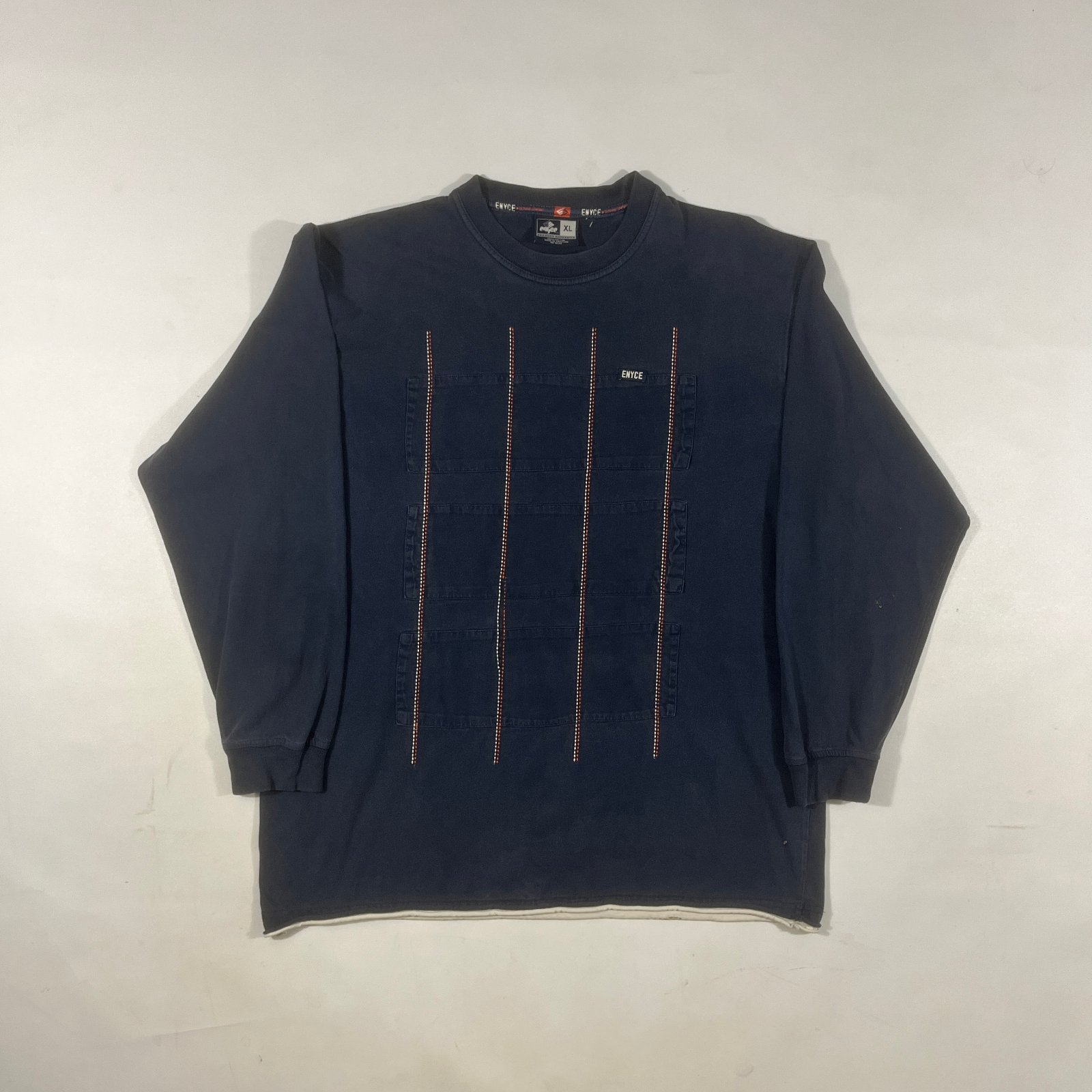 Vintage Y2K Enyce Navy Embroidered Grid Stitch Long Sleeve Mock Neck Shirt XL