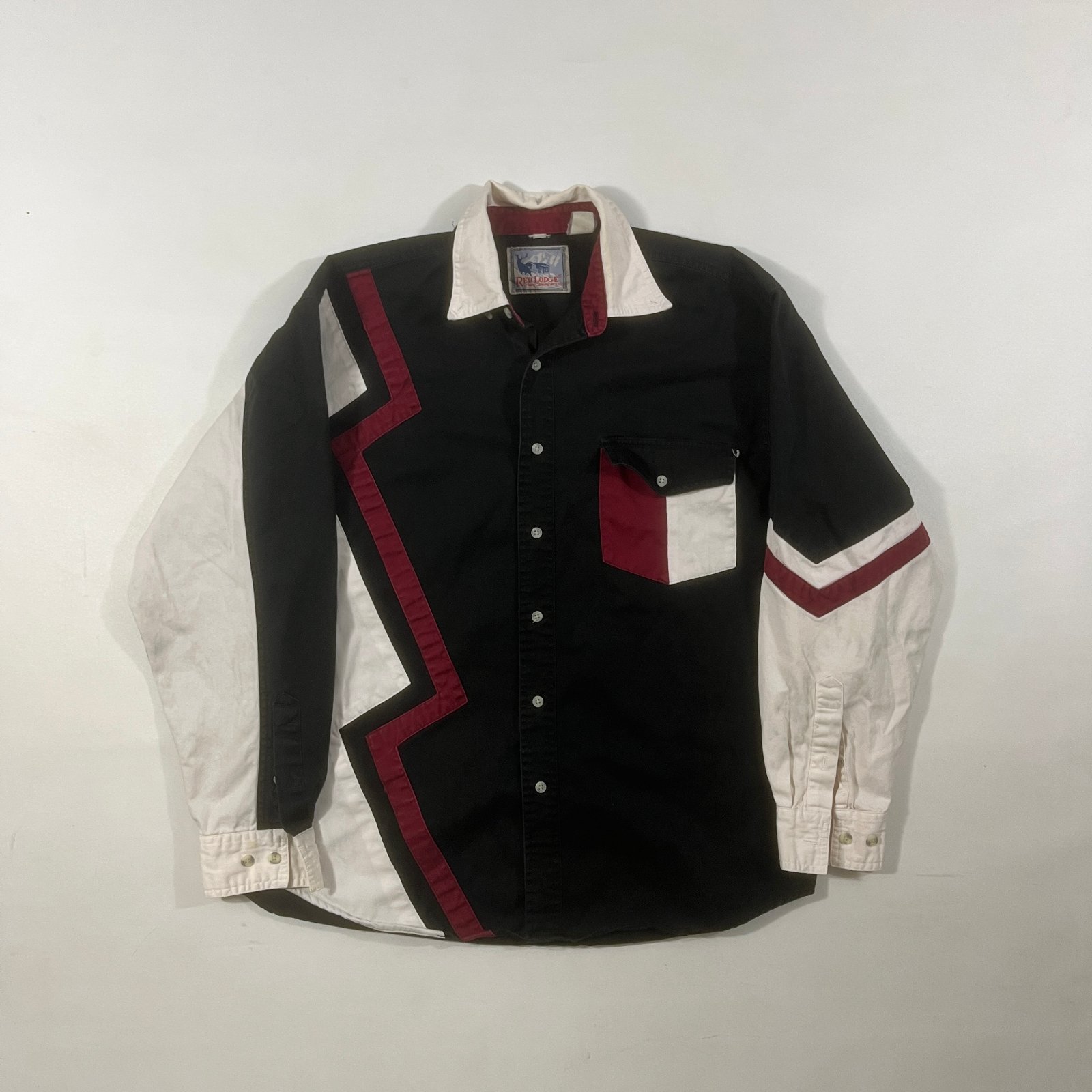 Vintage 90s Red Lodge Trading Co Black Cream Burgundy Zigzag Western Shirt