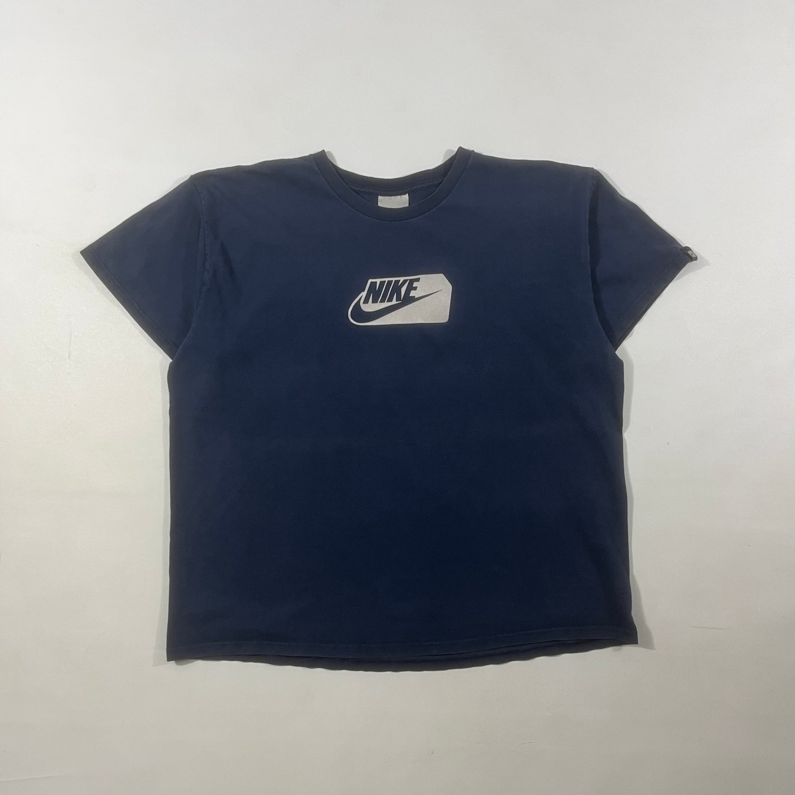 Vintage Y2K Nike Center Swoosh Box Logo Navy Tee XL