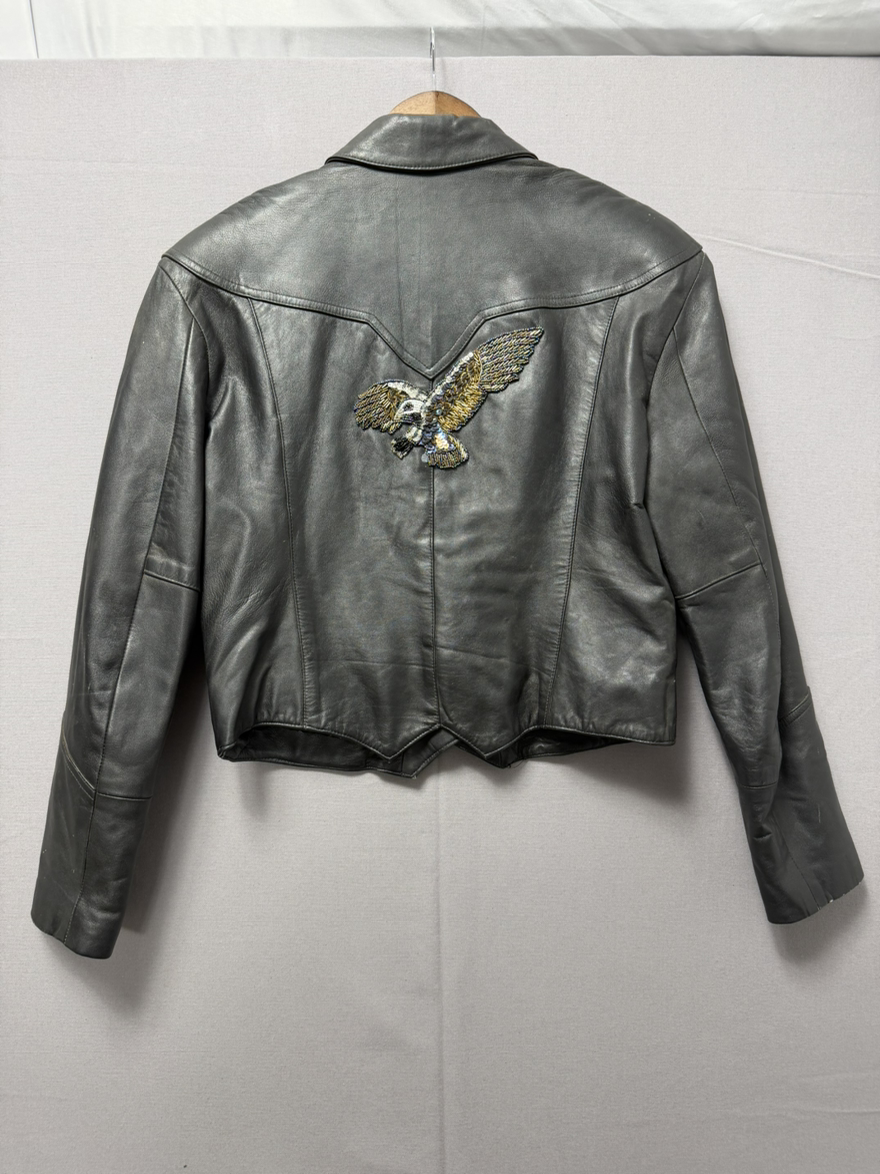 Vintage Pioneer Wear Cropped Black Leather Jacket - Sequin Eagle - Size 10