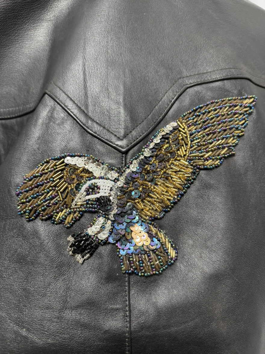 Vintage Pioneer Wear Cropped Black Leather Jacket - Sequin Eagle - Size 10