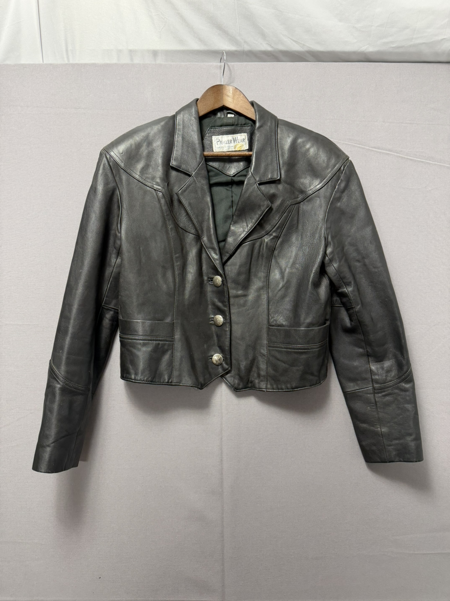 Vintage Pioneer Wear Cropped Black Leather Jacket - Sequin Eagle - Size 10