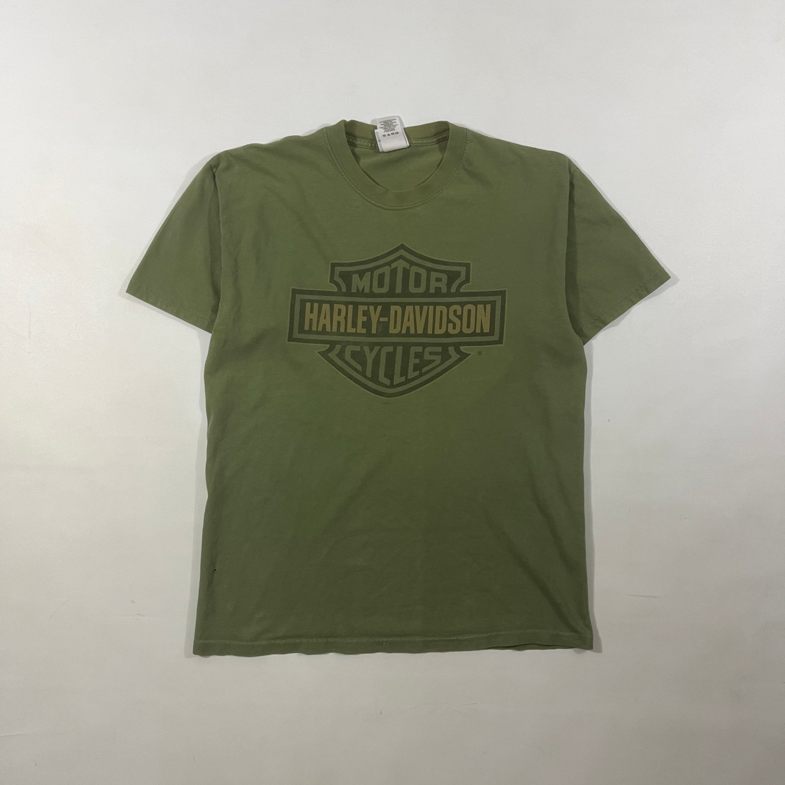 Vintage Harley-Davidson A.D. Farrow Co Columbus Ohio Olive Green Bar & Shield Tee L