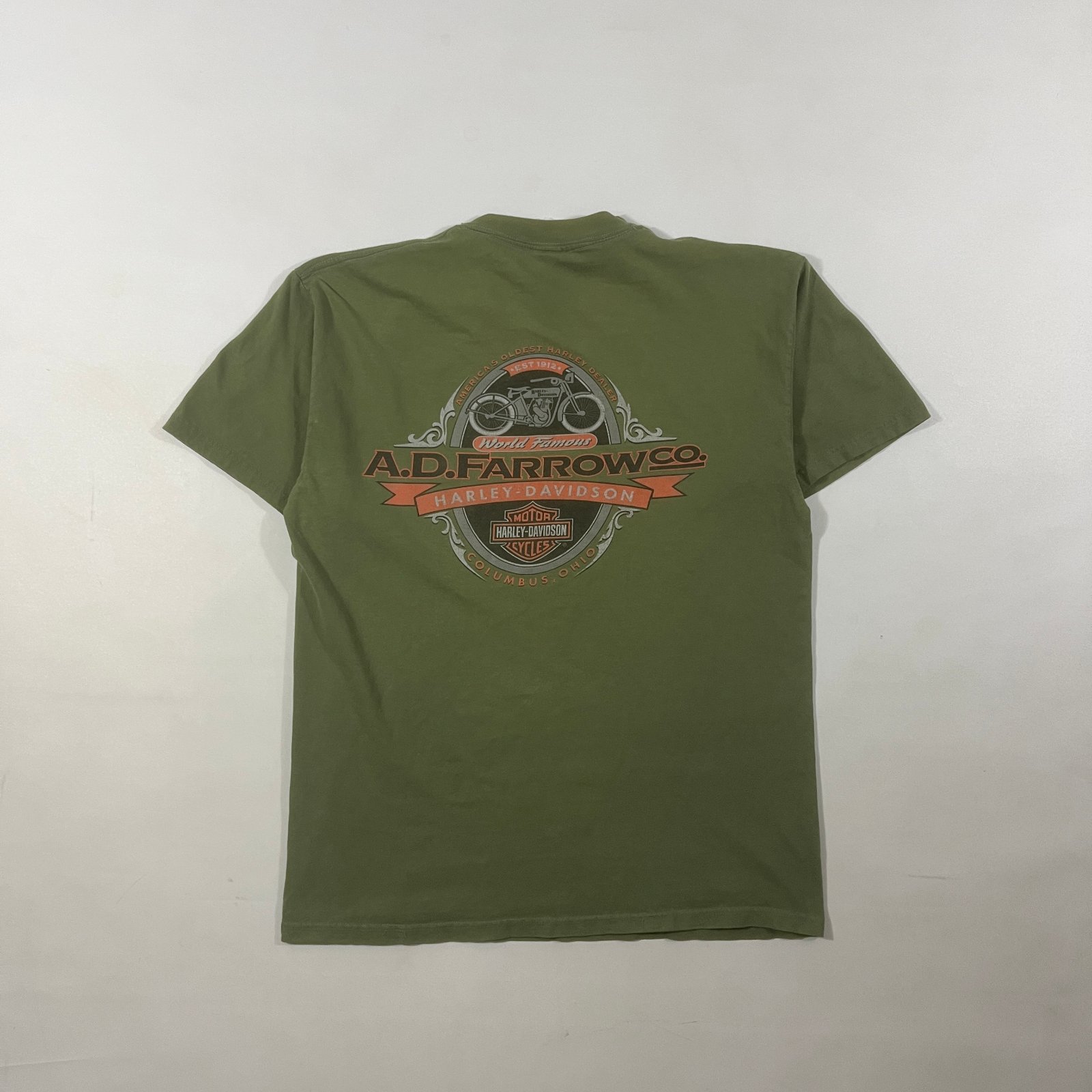 Vintage Harley-Davidson A.D. Farrow Co Columbus Ohio Olive Green Bar & Shield Tee L