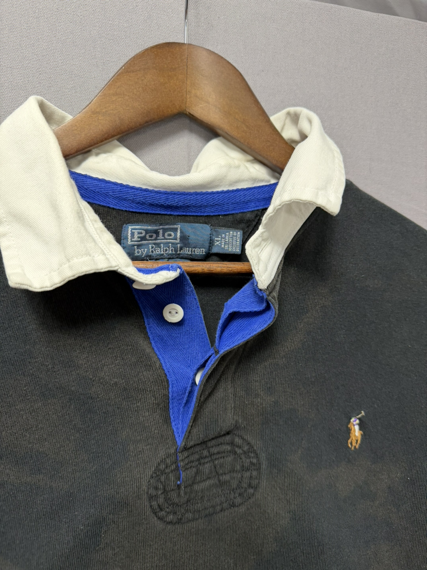 Vintage Polo Ralph Lauren Rugby Shirt XL Sunfaded Distressed Black Cotton
