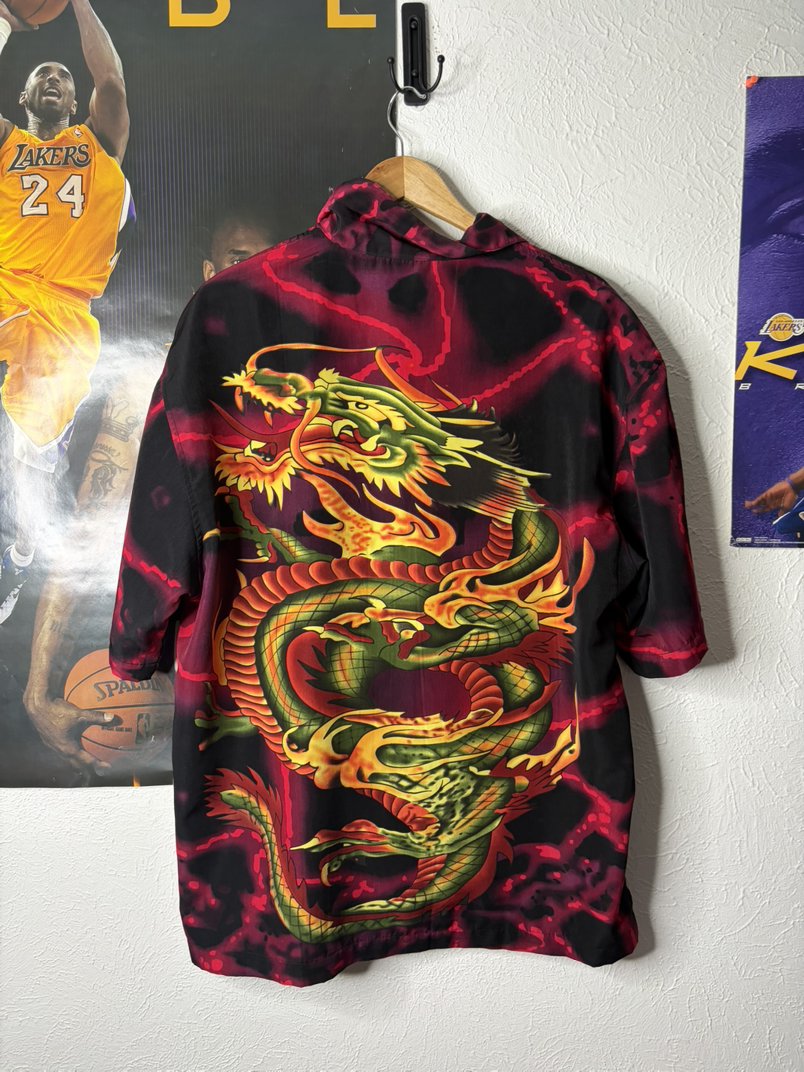 Vintage Dragon Print Button-Up Shirt