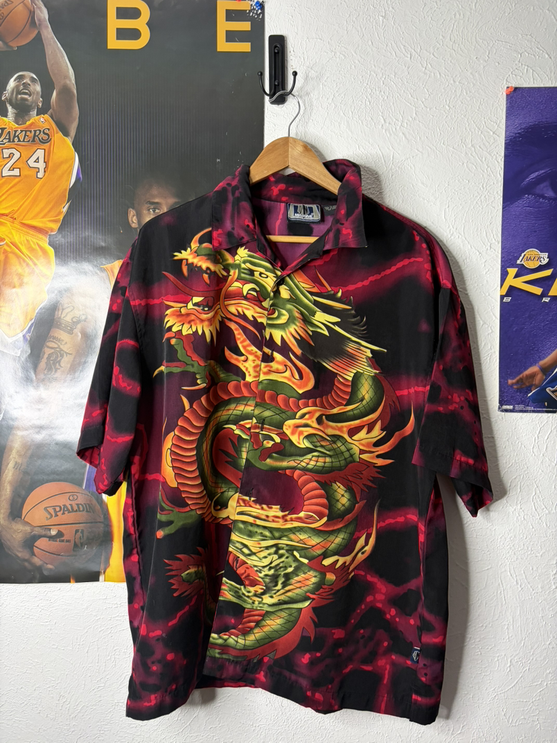 Vintage Dragon Print Button-Up Shirt